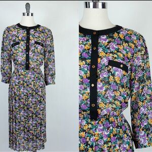 1980s Ms Darby Floral Pleated Long Sleeve Dress- Vintage-Size 12